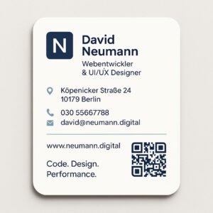 Moderne Visitenkarte eines Webentwicklers im minimalistischen Weiß-Blau-Stil mit Icons, QR-Code und klarer Typografie.