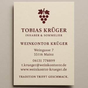 Elegante Visitenkarte im klassischen Stil mit Weintrauben-Symbol – ideal für Weinhandel oder Sommelier.