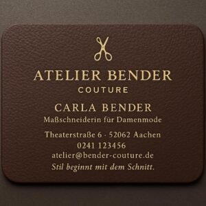 Edle Visitenkarte eines Couture-Ateliers mit goldenem Text auf brauner Lederstruktur und Scherensymbol.