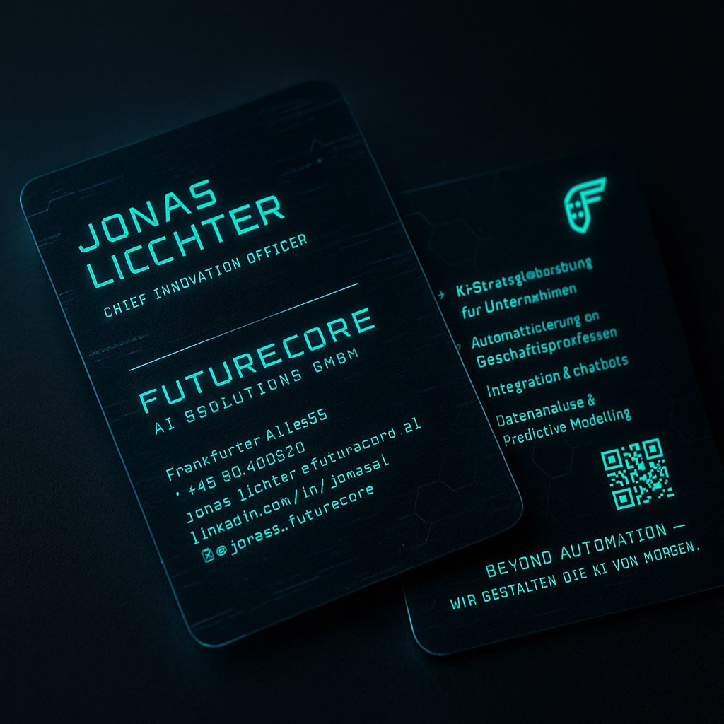 Futuristische Visitenkarte mit Neon-Schrift für KI-Firma Futurecore – Design in Türkis auf schwarzem Hintergrund, ideal für Tech-Startups und Innovation.