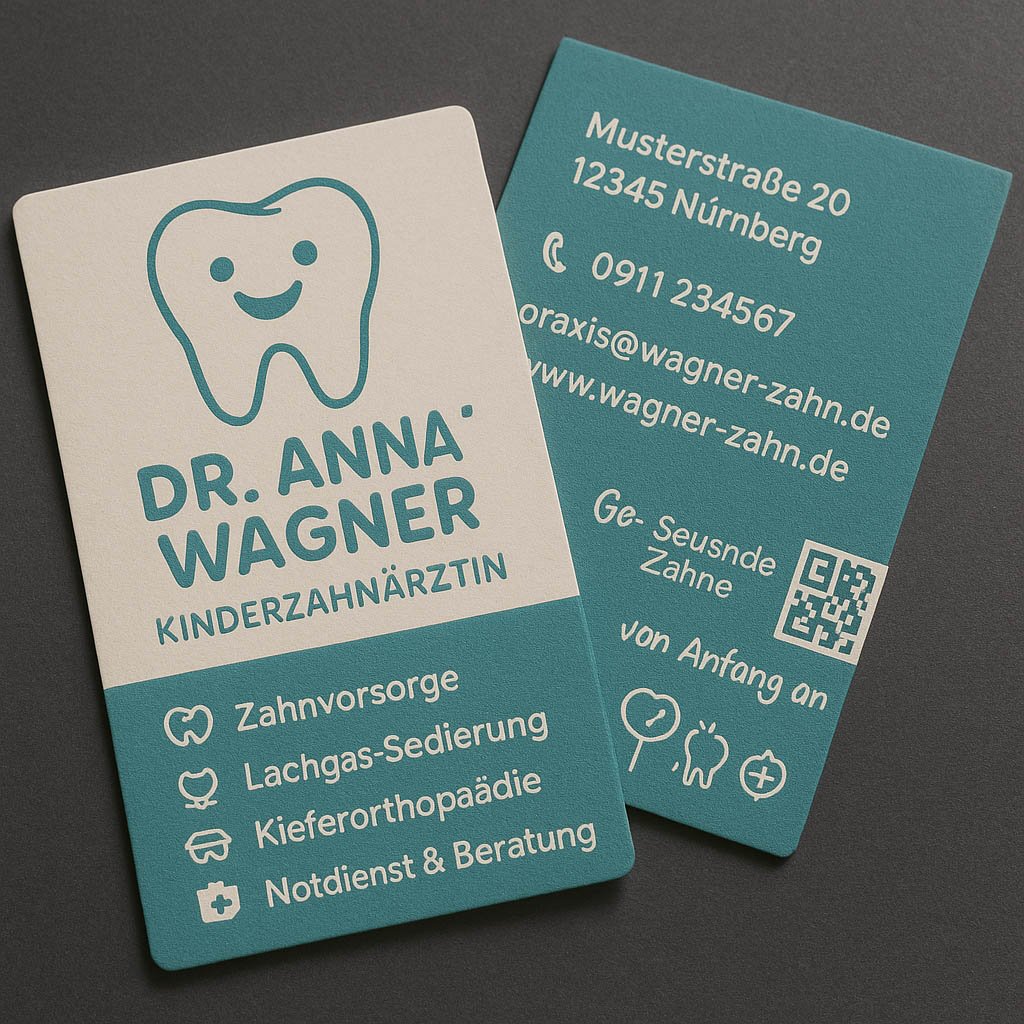 Freundliche Visitenkarte von Dr. Anna Wagner, Kinderzahnärztin in Nürnberg – modernes Design mit Zahn-Icon und klarer Auflistung von Leistungen wie Lachgas, Kieferorthopädie und Beratung.