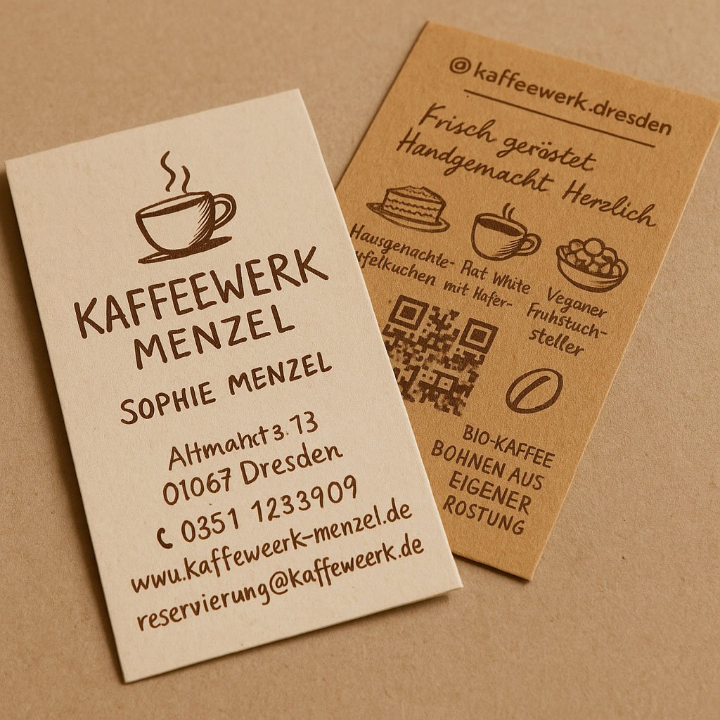 Visitenkarte für Kaffewerk Menzel in Dresden – handgemachtes Design mit Kaffeemotiven und QR-Code auf Naturpapier, ideal für Bio-Cafés und Gastronomie.