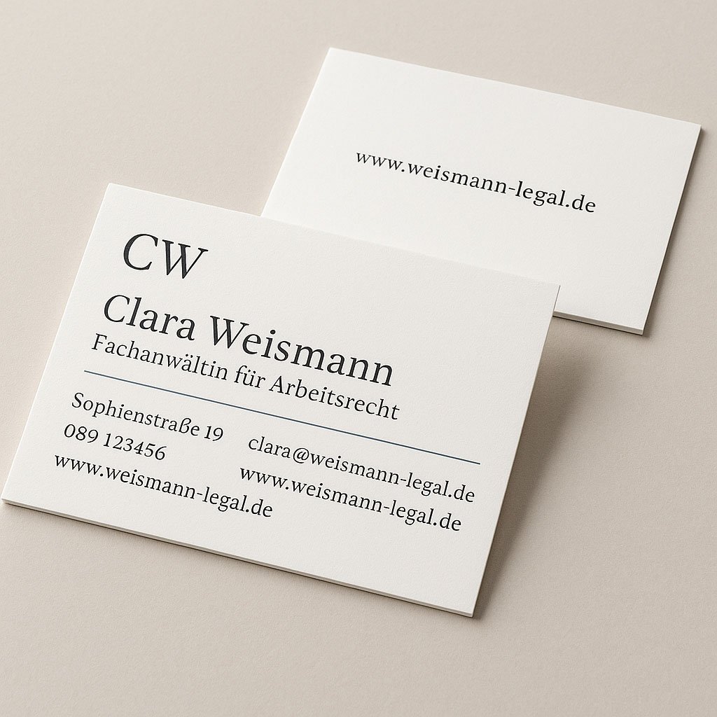 Elegante Visitenkarte von Clara Weismann, Fachanwältin für Arbeitsrecht – minimalistisches Layout in Schwarz-Weiß mit Kontaktdaten und Website.
