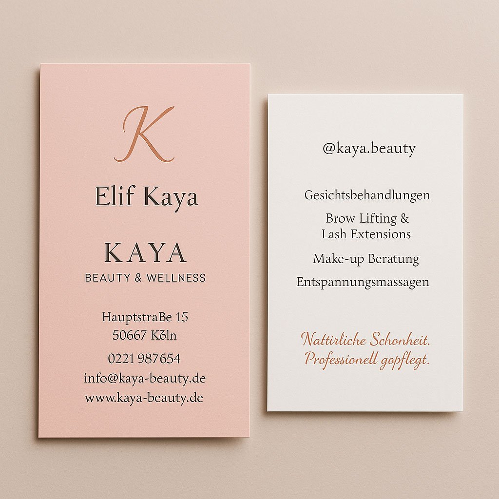 Elegante Visitenkarte von KAYA Beauty & Wellness aus Köln – Elif Kaya bietet Gesichtsbehandlungen, Brow Lifting, Make-up Beratung und Entspannungsmassagen in stilvollem Design.