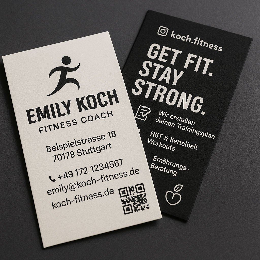 Moderne Visitenkarte von Fitness Coach Emily Koch aus Stuttgart – schwarz-weißes Design mit sportlichem Logo, QR-Code und Kontaktdaten für Personal Training und Ernährung.