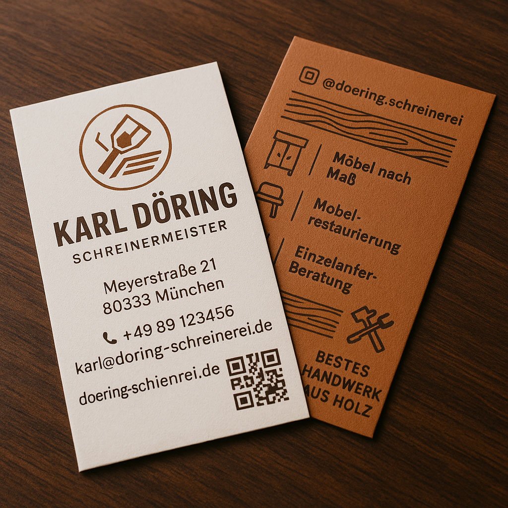 Visitenkarte von Karl Döring, Schreinermeister aus München – Möbel nach Maß, Restaurierung und individuelle Beratung in hochwertigem Handwerk aus Holz.