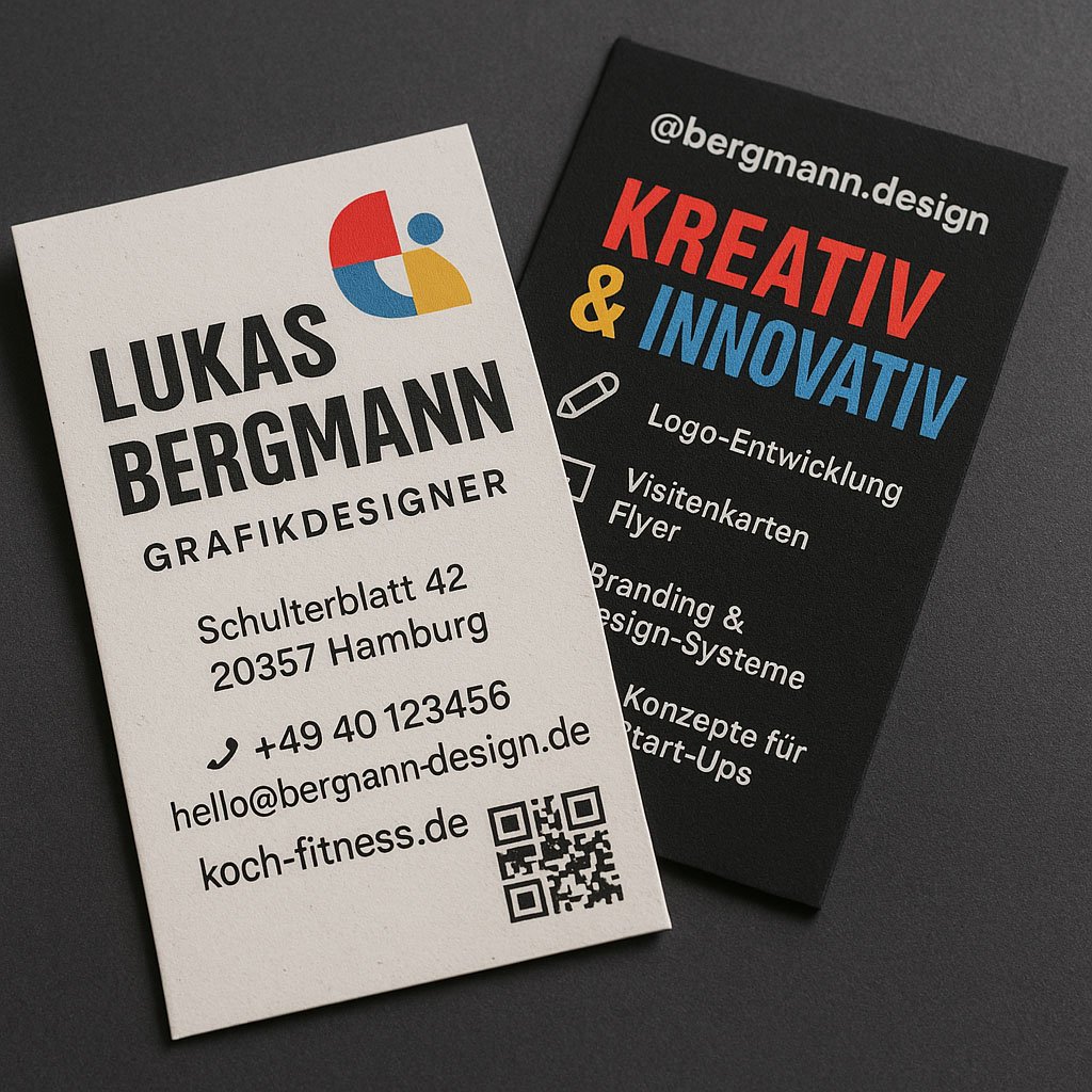 Moderne Visitenkarte für Grafikdesigner Lukas Bergmann aus Hamburg – klares Design mit QR-Code, Kontaktdaten und kreativen Farben auf schwarzem und weißem Hintergrund.