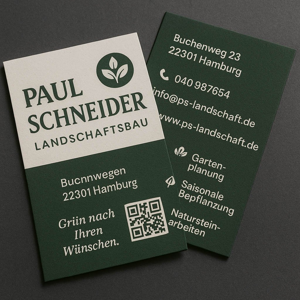 Visitenkarte von Paul Schneider, Experte für Landschaftsbau aus Hamburg – Gartenplanung, saisonale Bepflanzung und Natursteinarbeiten.